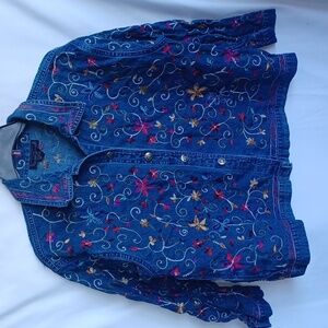 Life Style Floral Fully Embroidered Denim Jean Jacket Colorful, 24" PTP, 24" L